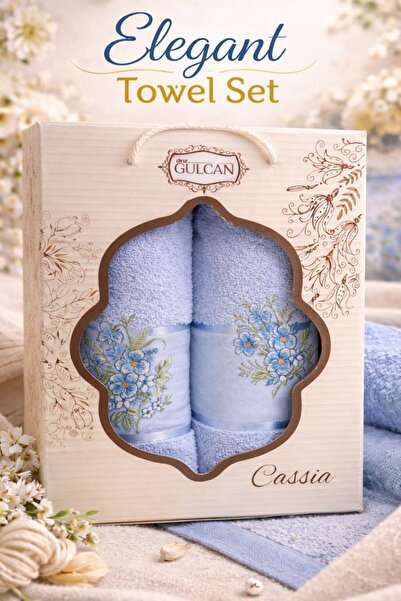 naniland.ro 2-piece cotton towel set, light blue, with floral embroidery