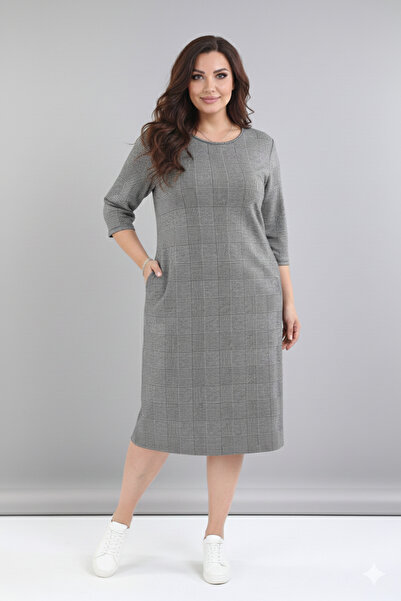 sharin Women's Plus Size Winter Patterned Midi Length Crew Neck Pocket Dress ...