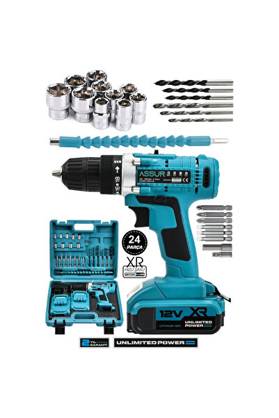 KPRE-TİCARET Assur 12V Çift Akü Şarjlı Matkap Metal Şanzıman Akülü Vidalama