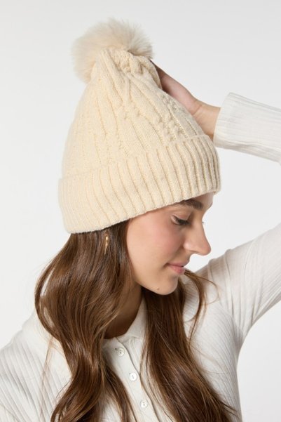 stravis Beige Beanie with Fur Fleece Inside and Pompom