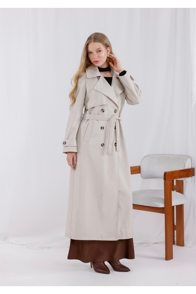 TMGediz Kadın Bej Uzun Tam Boy Trençkot