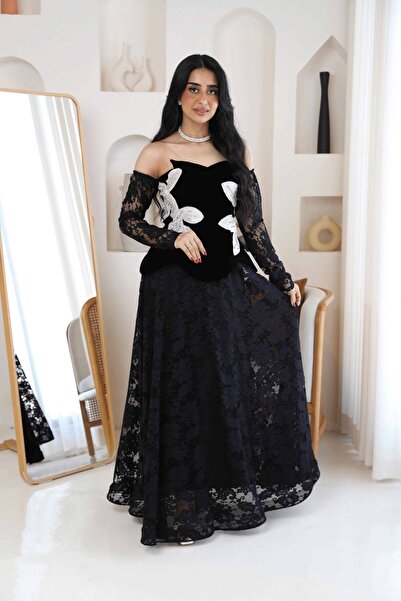 TREN Black Lace Evening Dress Off Shoulder Velvet Sequin Applique Long Sleeve...