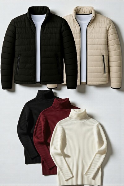 legends butik 5’li Erkek Kışlık Kombin Seti | 2 Adet Şişme Mont + 3 Adet Boğa...