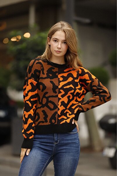 bacc Orange Color Block Patterned Winter Knitwear Sweater Bces-253014