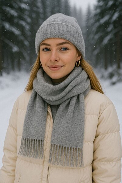 stravis Soft Textured Gray Tassel Shawl and Beanie Knitwear Set