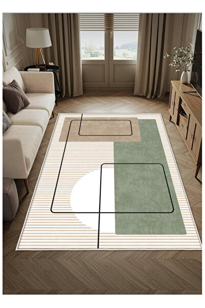 STY Home Krem Dijital Baskı Halı Kaymaz Tabanlı Yıkanabilir Halı Yolluk Salon...