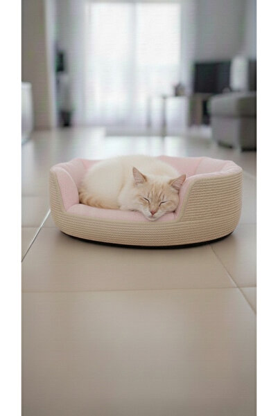MoMMe Hasır Kedi Yatağı Yıkanabilir Beyaz Peluş Minderli Küçük Köpek & Kedi Y...