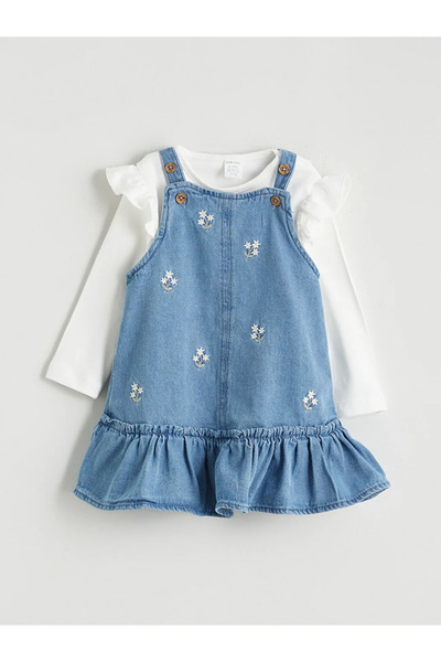 LC Waikiki LCW baby Mavi Kız Bebek Jean Elbise Ve Bluz 2'li