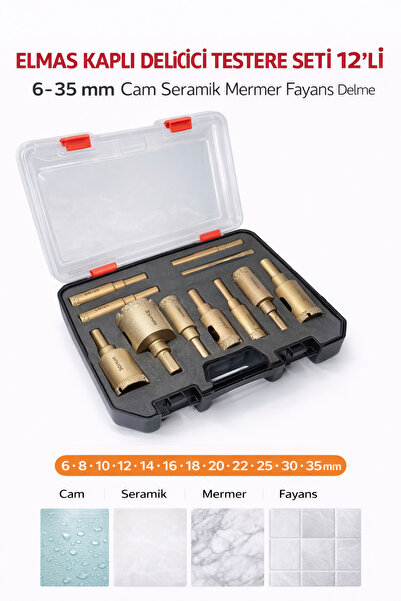 SENBANG Elmas Kaplı Delici Testere Seti 12’li – 6-35 mm Cam Seramik Mermer Fa...