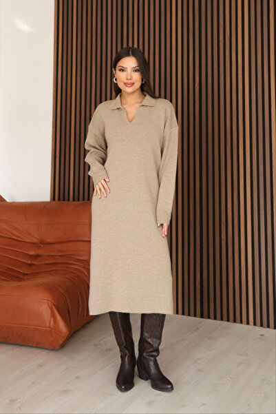 bacc Beige Polo Neck Midi Length Knit Dress Bces-253018
