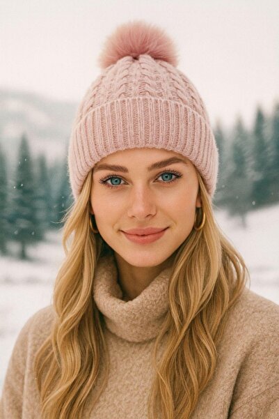 stravis Pink Knitted Beanie with Fur Fleece Inside
