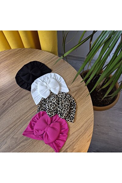 Little Umay Fiyonk Detaylı Penye Kız Bebek Bone 4'lü Set (Siyah-Beyaz-Pembe-L...