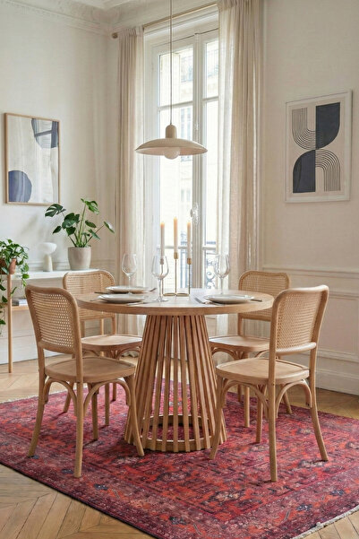 Woodenbend Alden Naturel Ahşap 4 adet Hasır Detay Sandalyeli Mutfak Masa Takı...