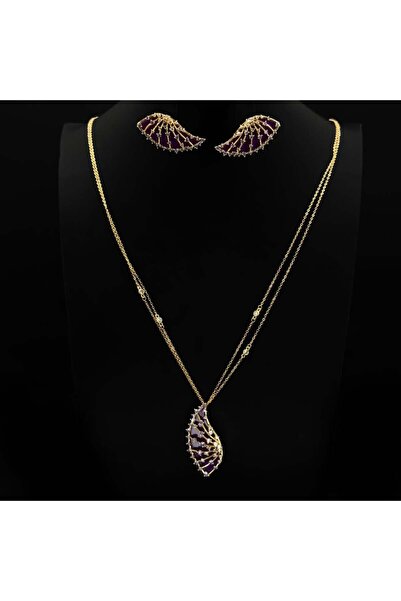 Generic Long necklace with a purple shell design and diamond-cut zircon stone...