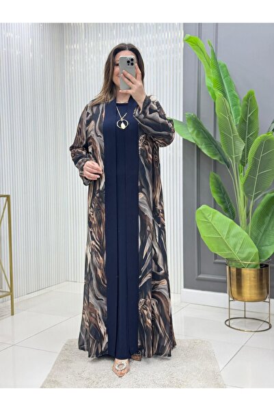 Modam Bella Büyük Beden Mermer Desenli Elbise Takım Kolyeli