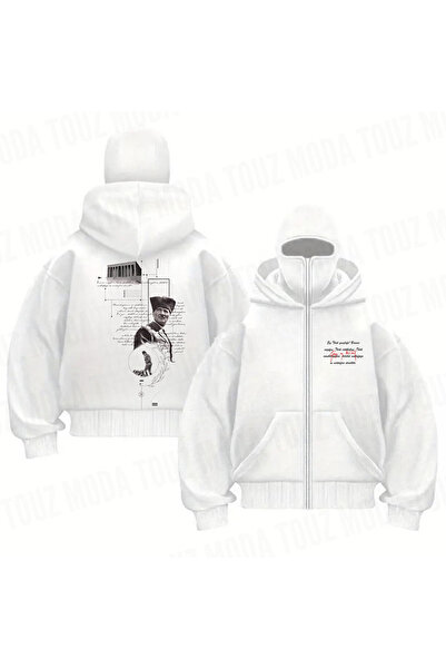 Le Savu Hanorac negru supradimensionat unisex cu glugă și fermoar, cu imprime...