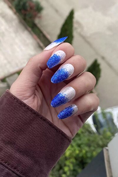 EfCe Jewelry Simli Lacivert ve Beyaz Gradyan Takma Tırnak - Şık ve Modern Gör...