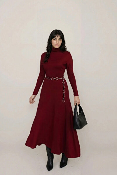 OLSAMODA Women's Stretchy Knitwear Fabric Stand-Up Collar Long Sleeve Flare D...