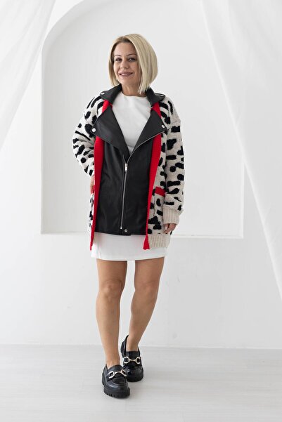 SİSTA MODA 019 كارديجان جلدي، مع شريط ملون متداخل، وسحاب