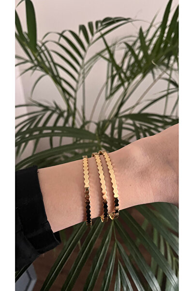 İPEKCOTR GOLD RENK DALGALI AJDA MODEL ÇELİK 3'LÜ BİLEZİK SETİ