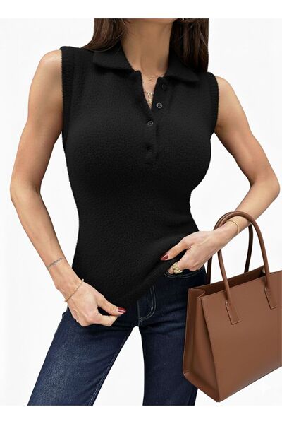 ANBLYs COLLECTION Buttoned Polo Neck Zero Sleeve Soft Fur-Like Brown Women's ...