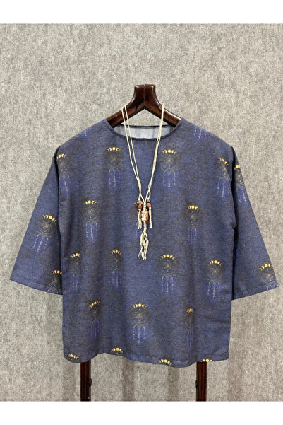 FıttingRoom Oversized Fakir Kol Cotton Linen Patterned Tshirt