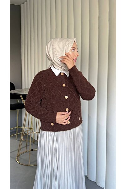 Homay Women's Angora Knitwear Relaxed Fit Pearl Detailed Cardigan