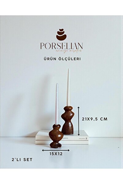 Porselian 2'li Dekoratif Şamdan Seti - Kahverengi Modern Mumluk Takımı (Mumla...