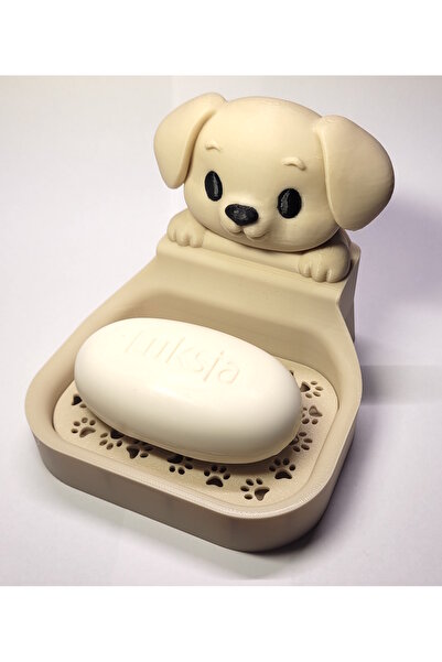 Printech3d Köpek Figürlü Drenajlı Sabunluk / Dekoratif Sabun Tabağı (Bej) – T...