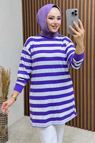 Kalemen Moda Şeritli Penye Tunik 4002 Lila