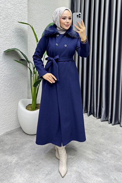 Kalemen Moda Kürk Yaka Kaşe Kaban 1009 Lacivert