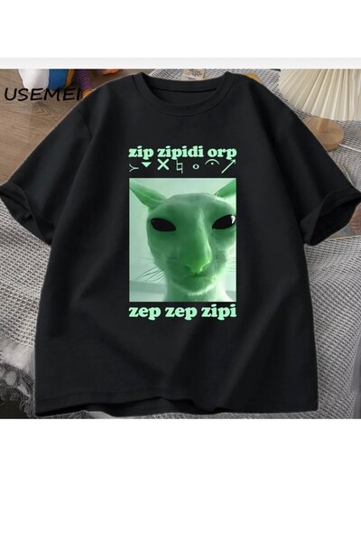 LELVANİ Funny'Alien Cat' Patterned Print T-Shirt