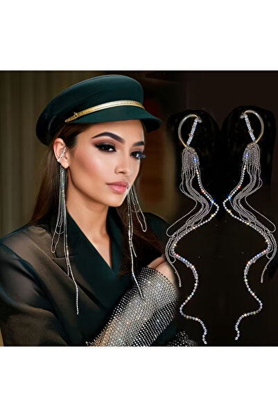 set.up Long Design Kikirdak Earrings with Zircon Stone and Pearl Without Hole