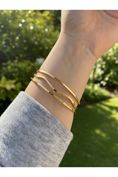 Gulsah's Store Çelik gold 65 mm 2 sıra düz 1 kıvrımlı 3'lü ajda bilezik
