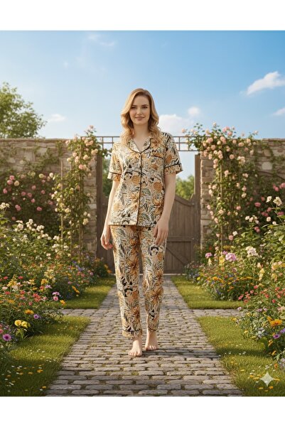 İpek طقم بيجامة نسائي منسوج بنقشة بأزرار أمامية وأكمام قصيرة