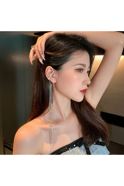 set.up Long Design Kikirdak Earrings with Zircon Stone and Pearl Without Hole