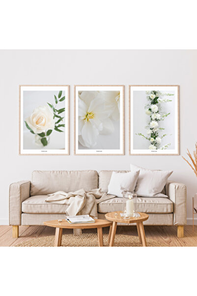 Pixaflair - White Flowers - Ev Dekor Poster - Çerçevesiz 3'lü Tablo Seti