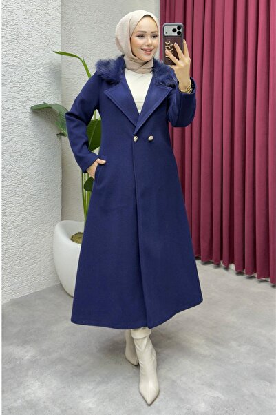 Kalemen Moda بأزرار على الجهتين معطف كاشي مستورد بياقة فرو 1010 أزرق داكن