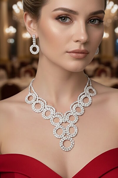 CAŞ DEKORASYON Silver Color Stone Evening Dress Set