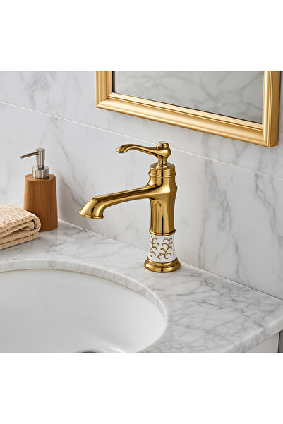 banyosepeti صنبور حوض غسيل ساراي جولدن الذهبي - جسم منقوش بالسيراميك، تصميم ك...
