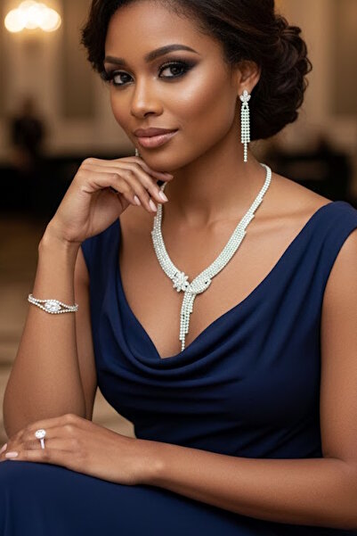 CAŞ DEKORASYON Silver Color Stone 4-Piece Evening Dress Set