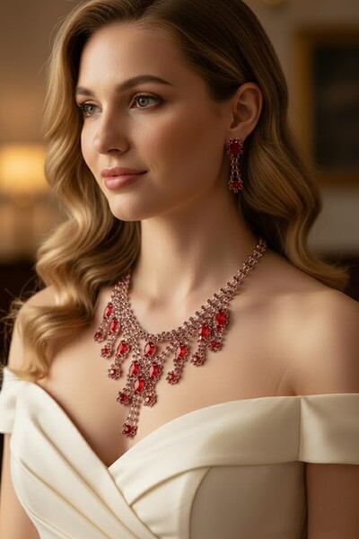 CAŞ DEKORASYON طقم فستان سهرة فضي اللون مع أحجار حمراء