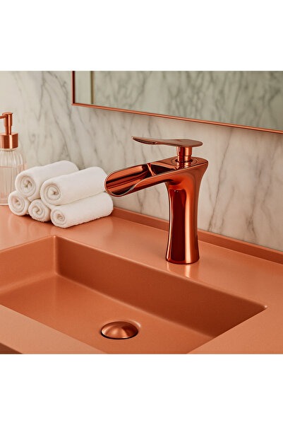 banyosepeti Cascade Rose Gold Bakır Lavabo Bataryası – Şelale Akışlı, Lüks Ta...