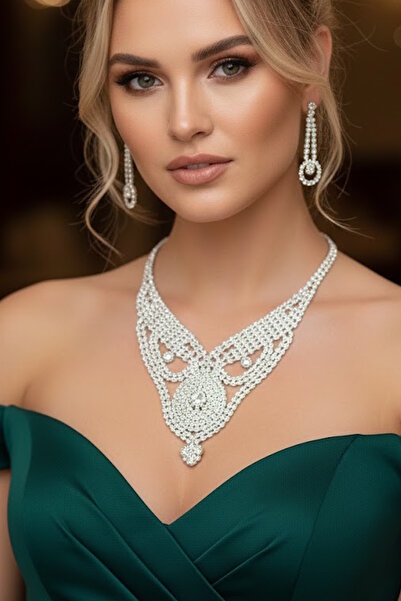 CAŞ DEKORASYON Silver Color Stone Evening Dress Set