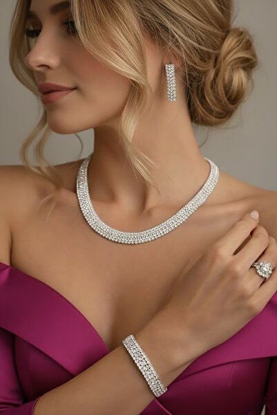 CAŞ DEKORASYON Silver Color Stone 4-Piece Evening Dress Set