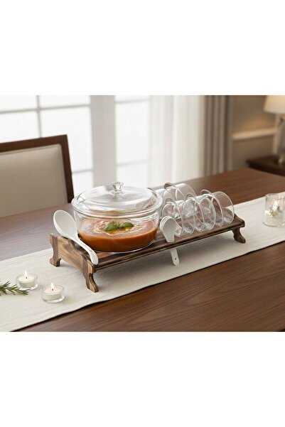 Generic طقم شوربة شفاف على قاعدة خشبية عصري مع ملاعق طقم مكون من 15 قطعة