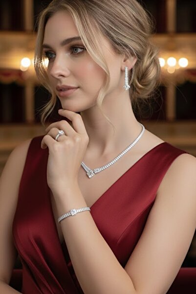 CAŞ DEKORASYON Silver Color Stone 4-Piece Evening Dress Set