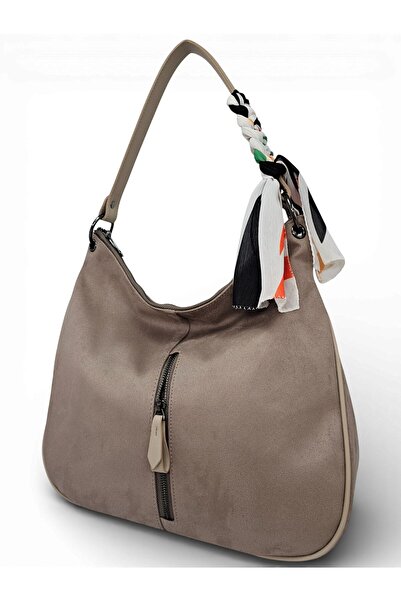 Evident Stone Color Nubuck Women's Shoulder Bag with Scarf Detail