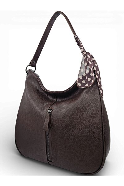 Evident Brown Soft Textured Women's Shoulder Bag with Scarf Detail