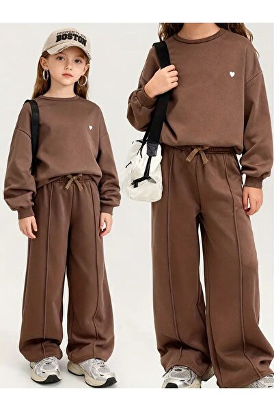 Kids Beyaz Küçük Kalp Baskılı Çimalı Kahverengi Kız Çocuk Alt Üst Takım